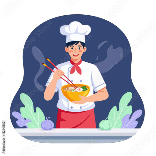 Chef Holding Ramen Bowl with Chopsticks Flat Design