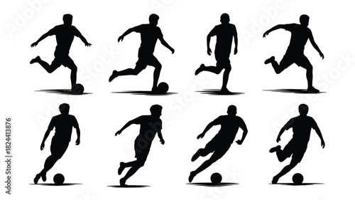 Set of soccer player silhouettes action poses of football players kicking the ball vector illustration isolated on white background