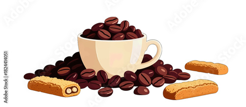 Coffee Beans in a Mug with Biscotti Cookies