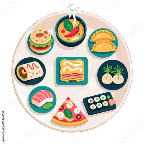Colorful Assorted Food Icons on Transparent Display