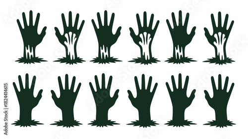 Zombie hand silhouettes rising from the ground creepy vector illustration for Halloween designs isolated on white background