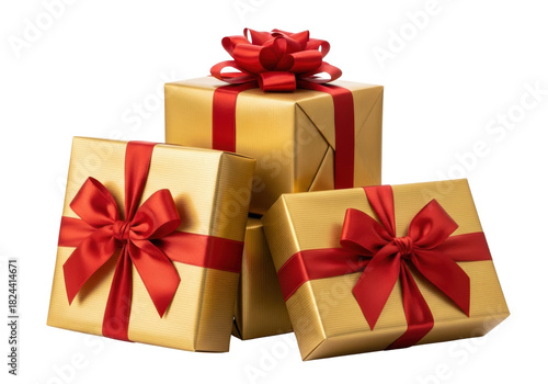 Stack of three gold gift boxes with red ribbons PNG isolated on transparent background, presents for Christmas and birthday celebrations
