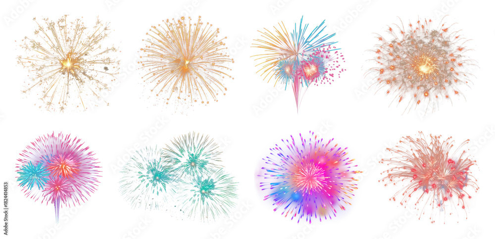 Obraz premium PNG Vibrant fireworks display celebration, element set on transparent background