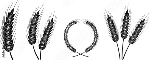 Set of Wheat Ears and Cereal Wreath Vector Silhouettes, Representing Agriculture, Harvest, Food, Organic Farming, and Bread Production Concepts