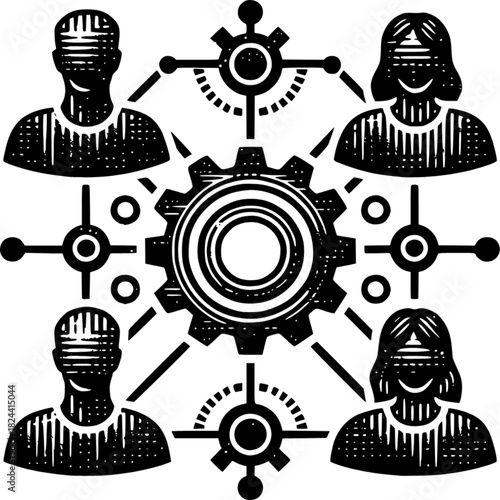 Teamwork Gears: An illustration of a network of individuals connected by technology and collaboration, representing a team working together to achieve a shared goal.