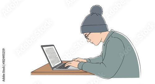 Focused Young Man in Beanie and Glasses Working on Laptop.