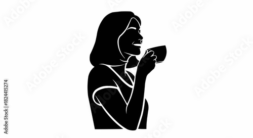 Silhouette of a woman enjoying a cup of coffee, smiling and relaxed in the moment.