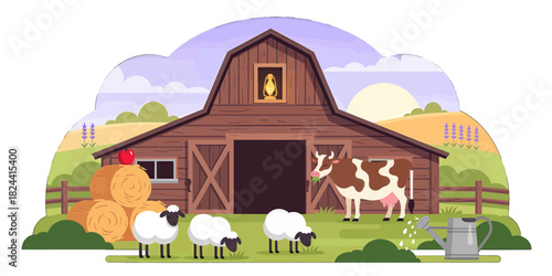 Cute Farm Animals and Barn Illustration