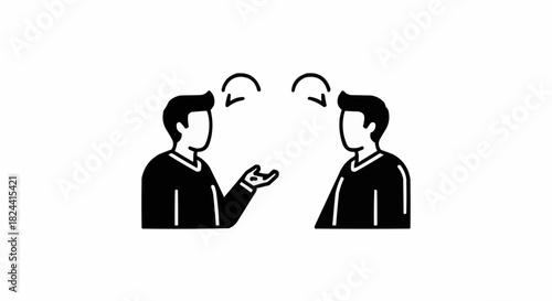 Two people communicating with arrows showing exchange of ideas.