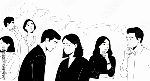 Diverse group of people in thoughtful contemplation and conversation.