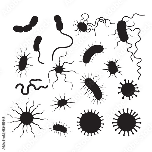  Collection of diverse microscopic bacteria and virus shapes in silhouette