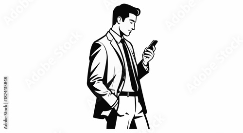 Man in Suit Focused on Smartphone Communication.