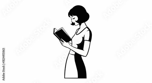 Woman engrossed in reading a book, side profile illustration.