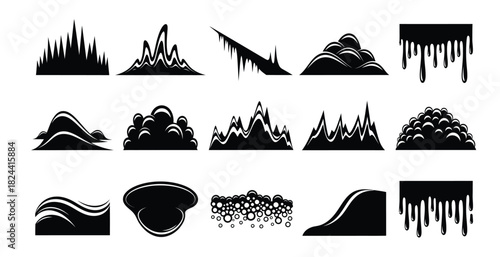Abstract black and white ink splatter shapes and elements collection