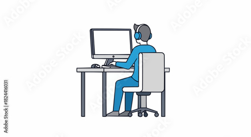 Person wearing headphones working on a computer at a desk.