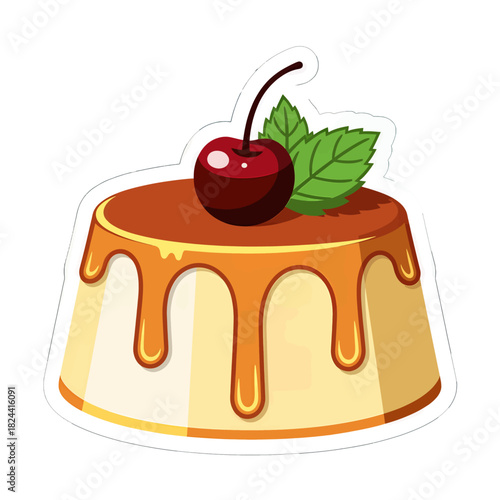 Delicious Caramel Pudding with Cherry and Mint Leaves