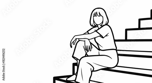 Woman Sitting on Stairs in Simple Line Art Style.