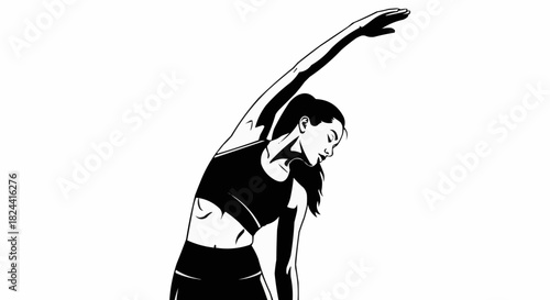 Monochrome graphic illustration of a fit woman stretching her arm.