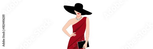 Elegant woman in red dress and black hat