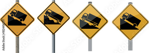 Four yellow diamond steep hill descent warning signs in a row on white background