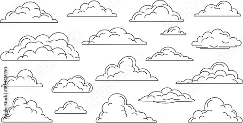 Large collection of various black outline doodle clouds in different shapes and sizes, suitable for weather graphics, sky backgrounds, nature designs, and minimal abstract elements