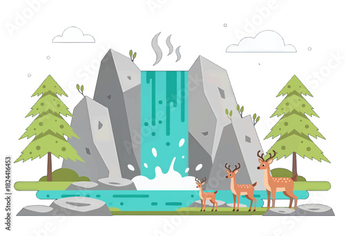 Family of Deer Near a Waterfall with Green Trees