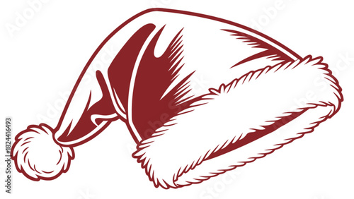 Illustration of a santa hat with a fluffy white brim and a pom pom in a simple vector style