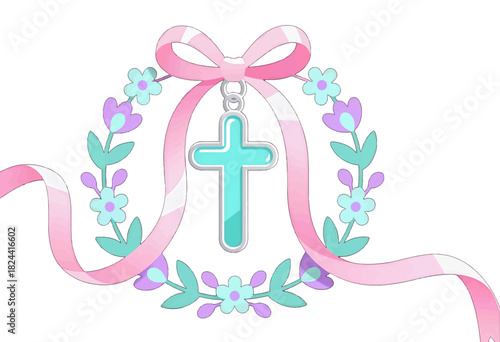 Floral green cross pendant with pink ribbon