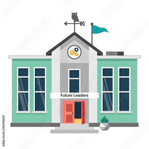 Fully Illustrated School Building with Owl Weathervane