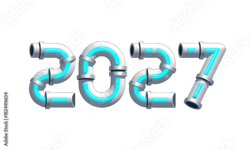 Futuristic 2027 Text Made from Glowing Metal Pipes