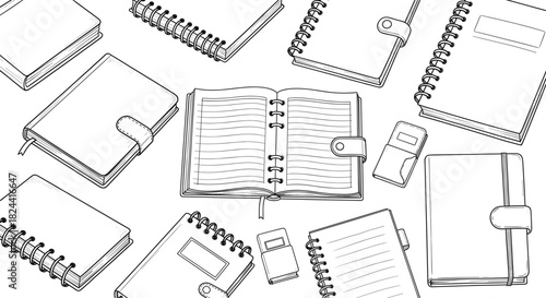 Hand-drawn line art collection of various open and closed notebooks, planners, and diaries, perfect for themes related to school, business, study, work organization, and personal journaling concepts.