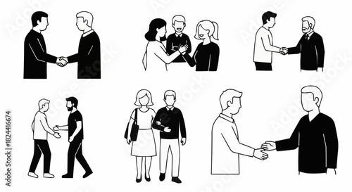 Collection of Hand-Drawn Illustrations Depicting People Interacting and Shaking Hands.