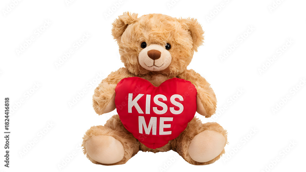 Obraz premium Adorable fluffy light brown teddy bear holding a red heart with the words kiss me written in white letters isolated on transparent background