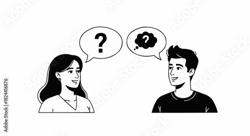 Man and Woman Communicating with Question Marks in Speech Bubbles.