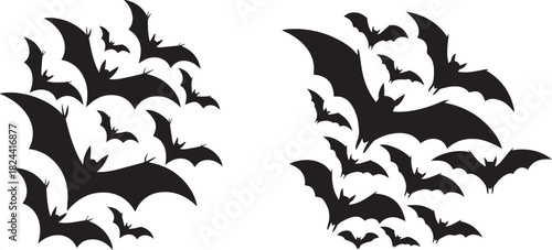 Two clusters of black silhouette bats flying on a white background isolated view
