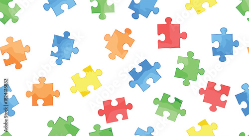Seamless, colorful pattern featuring scattered, randomly placed jigsaw puzzle pieces, ideal for themes of problem-solving, education, connection, teamwork, childhood games, or autism awareness backgro