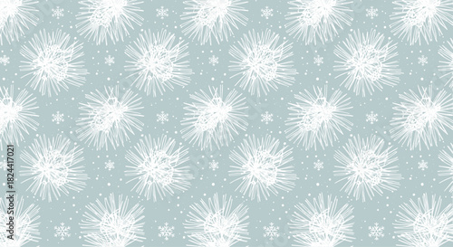 Seamless winter pattern with white frost crystals and snowflakes on a light blue background.