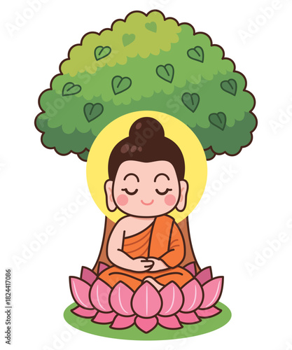 Cute Buddha Meditating Under Bodhi Tree on Lotus Cartoon Illustration