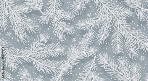 White frosted fir tree branches with snow and glitter on a grey background, winter holiday pattern.