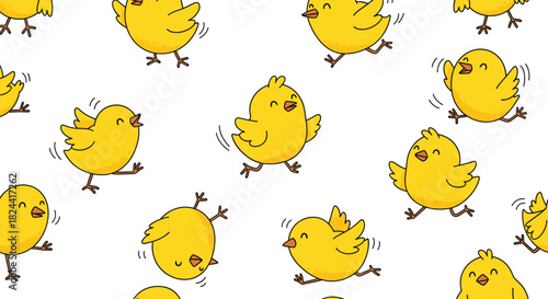 Seamless, hand-drawn doodle pattern of happy, dancing yellow baby chicks with blue outlines, perfect for fun children's backgrounds, Easter holidays, spring themes, and textile print designs