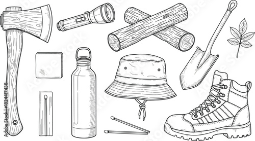 Detailed collection of essential camping and hiking gear items, including boots, axe, flashlight, and logs, illustrated in a classic vintage hand-drawn engraving style for nature adventure and outdoor