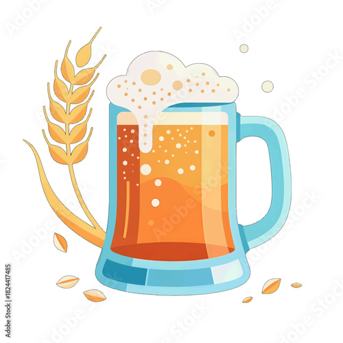 Golden Beer Mug with Foam and Wheat Stalks Illustration