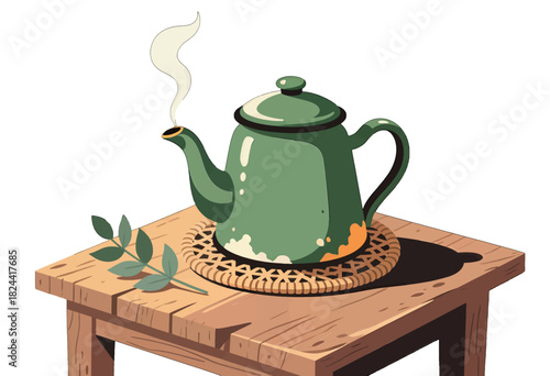 Green teapot steaming on a rustic wooden table with leaves