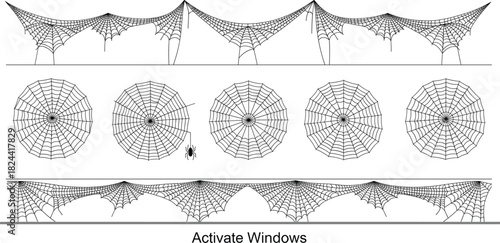 Collection of spooky black spider web elements, including hanging borders and circular cobwebs with a small spider, perfect for Halloween party invitations, gothic design, and fear or horror themes.
