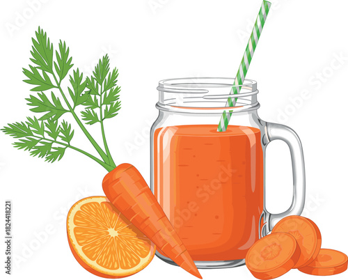 Appetizing photorealistic vector illustration of fresh orange carrot juice or smoothie in a mason jar, surrounded by whole carrots, slices, and an orange wedge garnish.