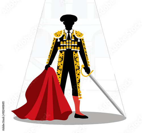 Matador with Red Cape and Sword in Spotlight