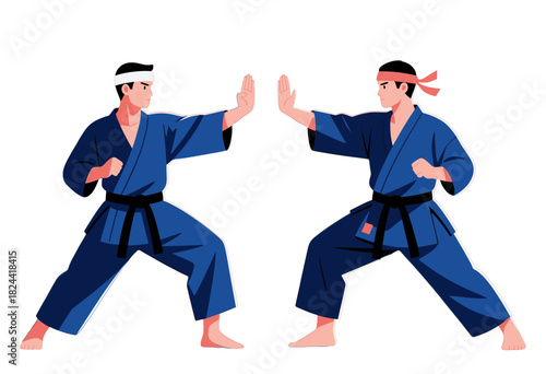 Martial arts practitioners in karate poses wearing blue uniforms