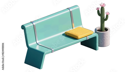 Modern teal bench with yellow cushion and potted cactus