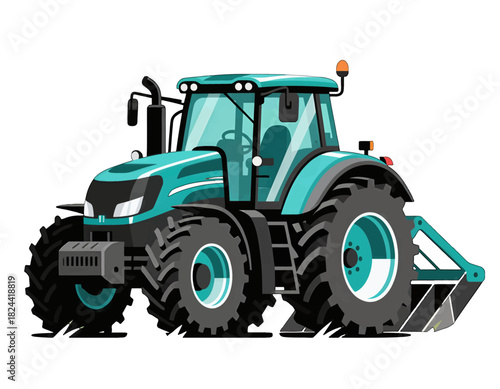 Modern turquoise tractor with large tires and front loader