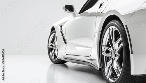 Sleek Ride: Capturing the elegance of a pristine car, the image emphasizes its polished chrome wheels and luxurious design, conveying a sense of speed and sophistication.